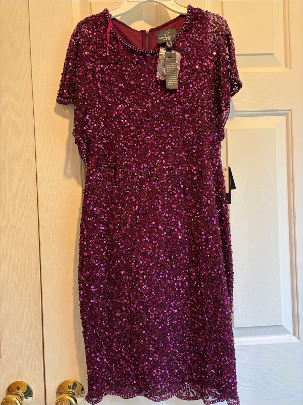 New 4P Adrianna Papell Cabernet purple flutter sleeve beaded sequin dress